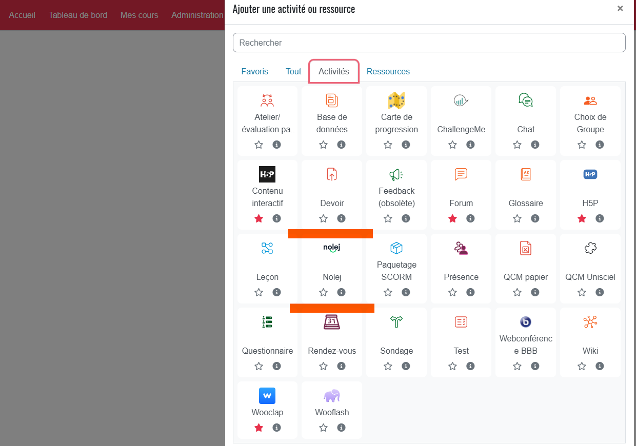 Sélecteur d'activité de Moodle 