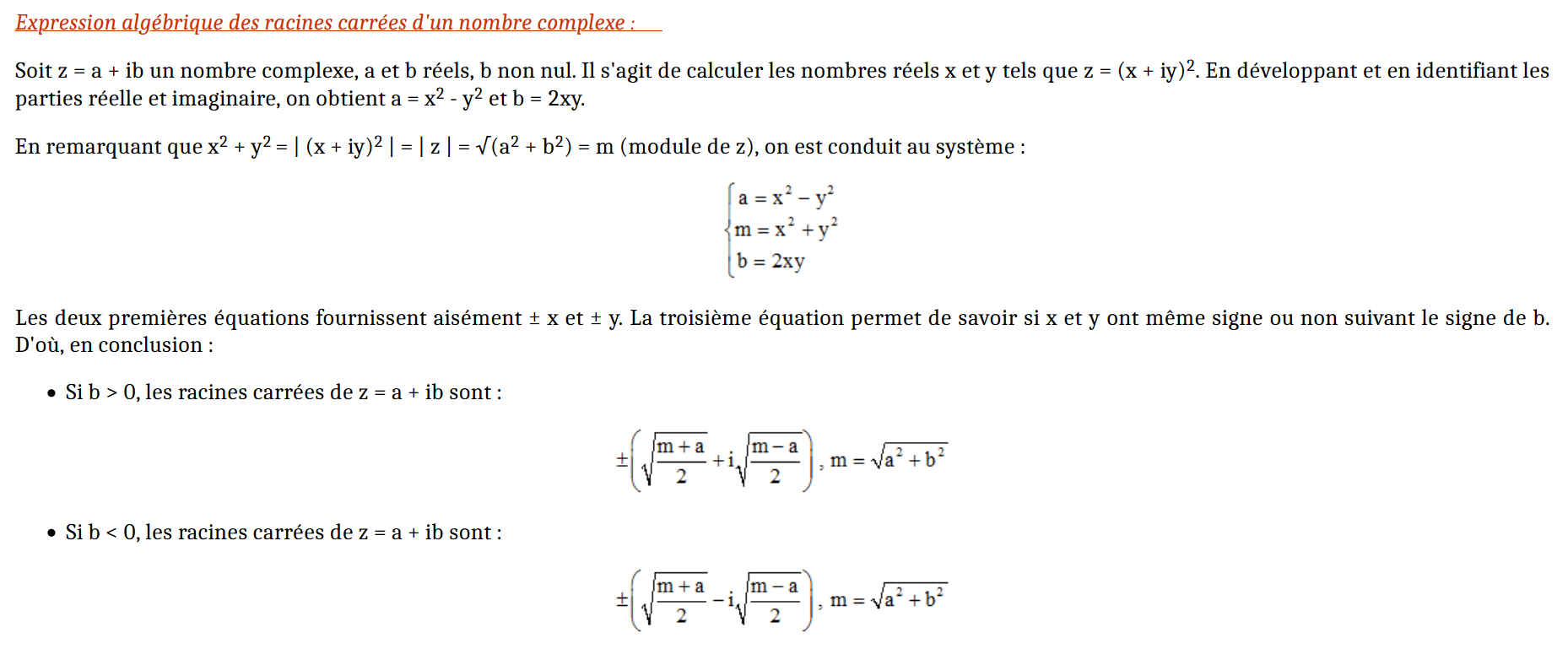 Formule pour trouver les racines d'un nombre complexe